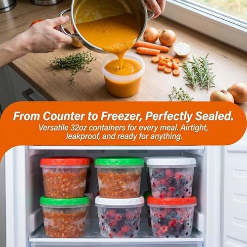 EONJOE 32oz Plastic Freezer Food Leftovers Containers with Lids, 12pcs