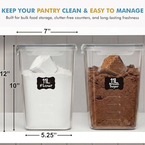Shazo 2 PC (11L | 372 oz) Flour Sugar Storage Containers with Easy Carry Handle - Plastic Extra Large Food Storage Containers with Lids for Rice Cereal, BPA Free & Airtight Kitchen Pantry Organization