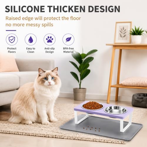 Summark Upgraded Elevated Cat Bowls with Food Mat,15°Tilted Stand Anti Vomiting Raised Cat Dishes for Food and Water,2 Stainless Steel Bowls for Cats and Puppy（Lavender）