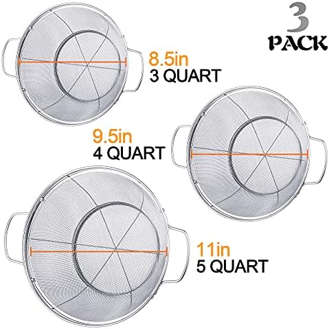 6 Pack 18/8 Stainless Steel Colander Sieves(5-Quart, 4-Quart and 3-Quart), Mesh Strainer Net Baskets with Handles & Resting Base for Strain, Drain, Rinse or Steam