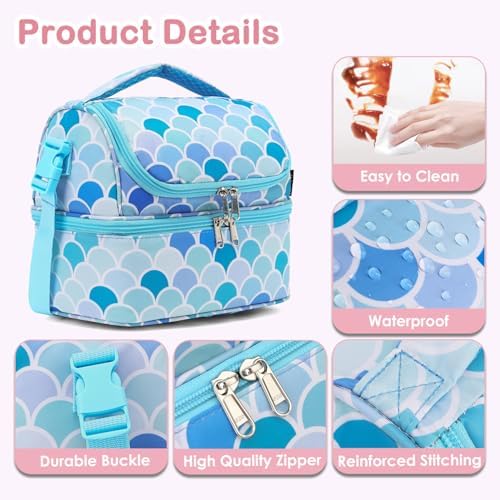 FlowFly Double Decker Cooler Insulated Lunch Bag Large Tote for Boys, Girls, Men, Women, With Adjustable Strap (Mermaid)