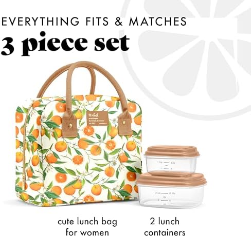Fit & Fresh Bloomington Lunch Bag for Women - Insulated Large Lunch Box for Work with Containers, Leak-Resistant, Stain-Resistant, Zipper Closure, Orange Blossoms