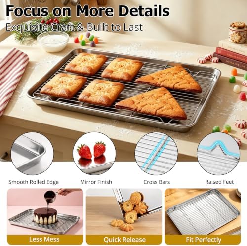 Onader Baking Cookie Sheet with Cooling Rack, 19⅝ x 13¾ Inch Stainless Steel Large Baking Sheet Pan with Wire Rack Set for Oven, Nonstick & 1 Inch Deep, 1 Pan + 1 Rack