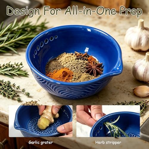 Grater Plate, 3 in 1 Handmade Tool Ceramic Bowl with Herb Stripper (Blue)