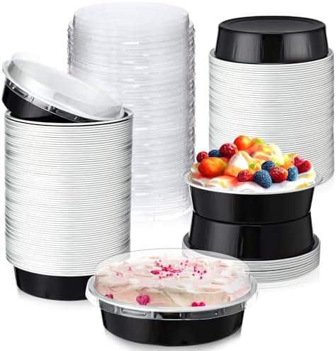 Yinder 8 oz Disposable Creme Brulee Ramekins with Lids, 4 Inch Mini Pie Tins Aluminum Foil Pie Tart Cake Baking Pans Individual Round Containers Oven Safe(Black & Silver,120 Pcs)