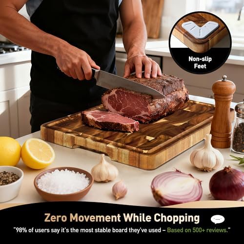 End Grain Cutting Board Set of 2 with Non-slip Feet, Acacia Wood