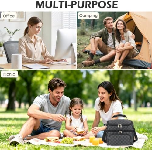 FlowFly Double Layer Cooler Insulated Lunch Bag Adult Lunch Box Large Tote Bag for Men, Women, With Adjustable Strap,Front Pocket and Dual Large Mesh Side Pockets