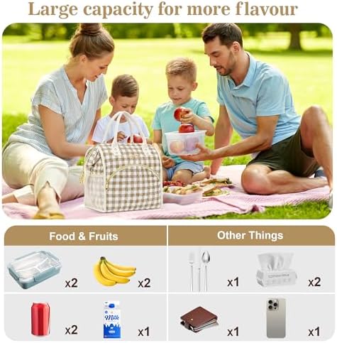 LOKASS Insulated Lunch Bag Women- Reusable 10 L Lunch Box for Women - Leakproof Tote Cooler Bag for Adults Work, Beach, Travel, Picnic （Brown&White Diamond Grid）