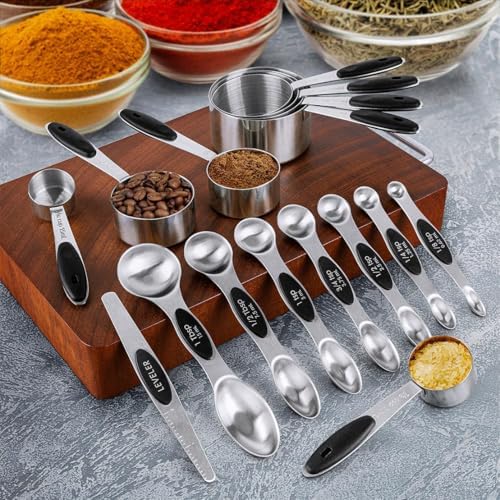 Measuring Cups & Spoons Set of 16, BOBIPRO Stainless Steel 8 Nesting Measure Cups Set & 7 double-sided Magnetic Measuring Spoons Set & 1 Leveler for Dry and Liquid Ingredient
