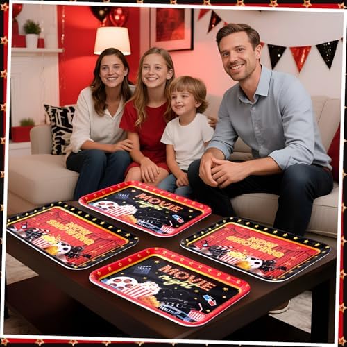 Vesici 4 Pack Movie Night Melamine Serving Trays, 13 x 10 Inch Rectangular Cinema Snack Platters with Popcorn & Film Designs, Durable Serving Plates for Home Theater, Parties & Appetizers