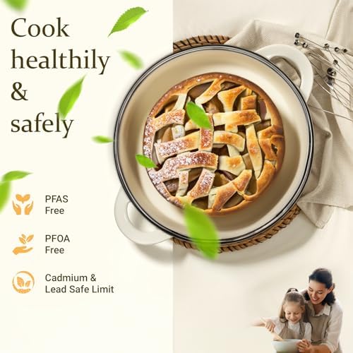 Overmont Enameled Cast Iron Dutch Oven - 4.5QT Pot with Lid Cookbook & Cotton Potholders - Heavy-Duty Cookware for Braising, Stews, Roasting, Sourdough Baking Cream White