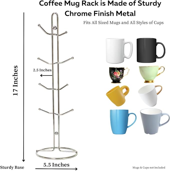 Evelots Coffee Cup Holder for Kitchen Countertop - Tree Hooks Hold 8 Large Mugs - Tea Cup Storage Rack - Sturdy Rust Free Steel - Chrome Finish - Coffee Counter Bar Display, Stand - Come in One Piece