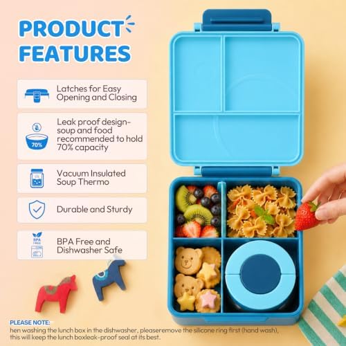 Itslife Bento Lunch Box for Kids with 8oz Soup Thermo&Lunch Bag, Leak-Proof Lunch Food Containers with 4 Compartment, Hot Food Insulated Food Jar for Kids School (Blue)