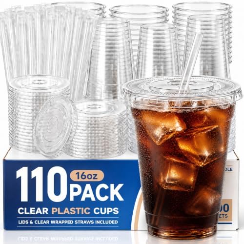110 Pack 16 oz Disposable Clear Plastic Cups with Lids and Straws