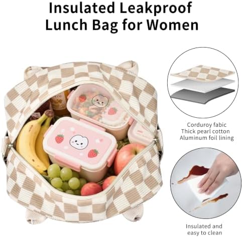 Lunch Bag Women Lunch Box for Women Adult Cute Insulated Lunch Bag Lager Cooler Lunch Tote Bags for Work Picnic (Beige-Brown Plaid)