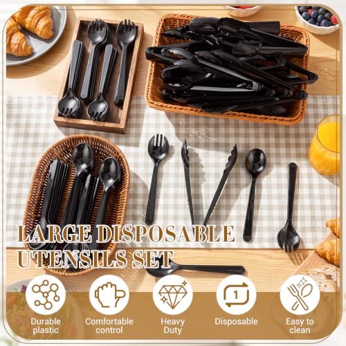 FoldTier 72 Pcs Disposable Plastic Serving Utensils Set Black Serving Spoons Forks Tongs, Disposable Utensils for Party Weddings Birthday Dinner Buffets Banquets
