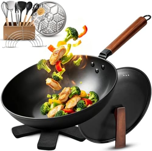 AOSION 13'' Carbon Steel Wok, 12 Piece Wok Pan & Stir-Fry Pans Set with Lid