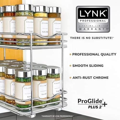 LYNK PROFESSIONAL® Pull Out Spice Organization for Cabinets - 6-3/8 inch Wide – Spice Rack for Inside Cabinets, Slide Out Spice Rack Organizer for cabinet – Pull Out Spice Rack, Sliding 2 Tier Chrome