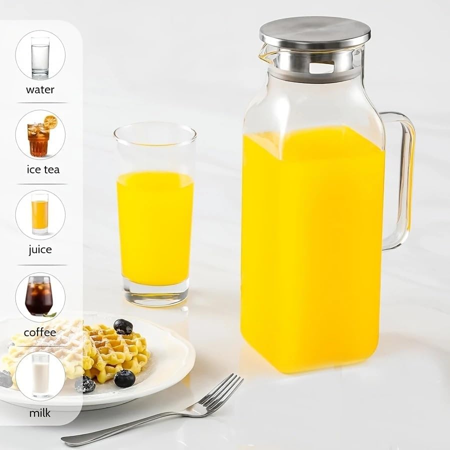 1 Pack 2 Liters/68 oz Square Glass Pitcher with Lid and Handle, Glass Carafe for Hot/Cold Water, Large Iced Tea Pitcher for Coffee, Juice