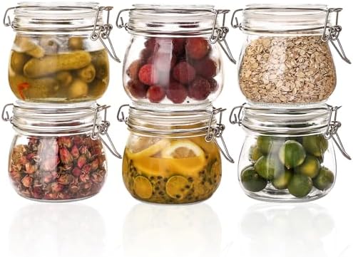 Liuruiyu 16oz - 6 Pack Round Glass Jars with Airtight Lid, Wide Mouth Mason Jars with Clamp Lids, Air Tight Glass Canisters, Food Storage Containers for Cereal, Pasta, Beans, Sugar, Coffee, Spice