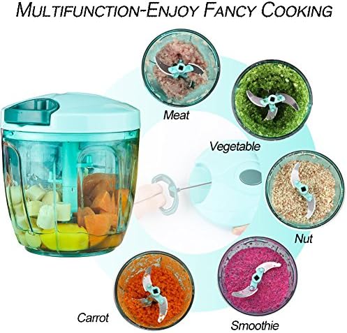 Ourokhome Manual Food Processor Vegetable Chopper, Portable Hand Pull String Garlic Mincer Onion Cutter for Veggies, Ginger, Fruits, Nuts, Herbs, etc., 900ml, Blue