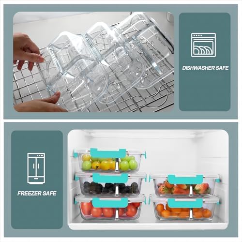 KOMUEE Glass Meal Prep Containers 3 Compartments, 5 Pack 36 oz, Green