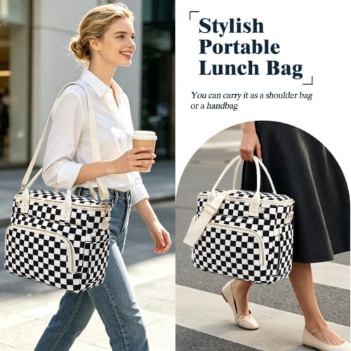 GYEUKHAM Insulated Lunch Bag for Women Men,Extra Large Lunch Box, Leakproof Reusable Cooler Tote for Adult, Everyday Soft Lunch Tote Bag for Work College Picnic Travel,C-Black Checkered