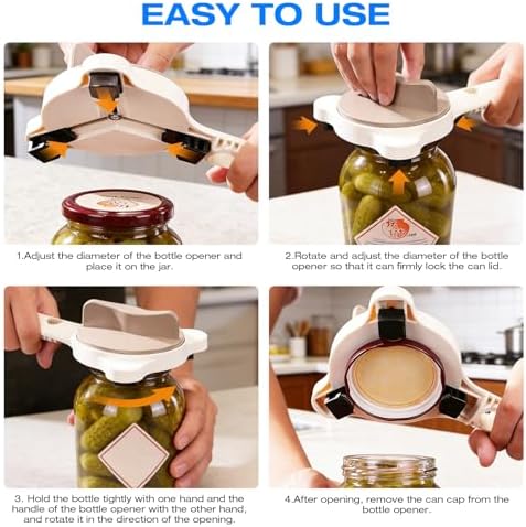 4-in-1 Heavy Duty Jar Opener for Seniors and Weak Hands – Ergonomic Manual Bottle Opener for Small to Large Lids – Multifunction Kitchen Tool for Arthritic Hands, Beer, Sauces & Canned Goods