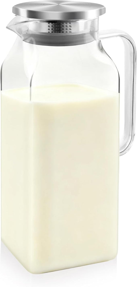 40.5 oz Square Glass Pitcher with Lid and Spout, Lightweight Water Pitchers for Hot/Cold Drink, Heat Resistant, Borosilicate Jugs, Glass Carafe with Handle,Ideal for Fridge Storage(1Pack)