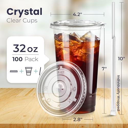 Fit Meal Prep 100 Pack 32 oz Plastic Iced Coffee Cups with Flat Lids and Clear Straws, Disposable Clear Cup, BPA Free Cup for Party, Smoothie, Cold Drinks, Juice, Milkshake, Bubble Boba, Tea