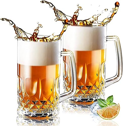 32 Ounces Beer Stein Mugs - 2 Pack Extra Large German Style Clear Tall Beer Glasses for Men - Heavy Duty Thick Glass With Handle