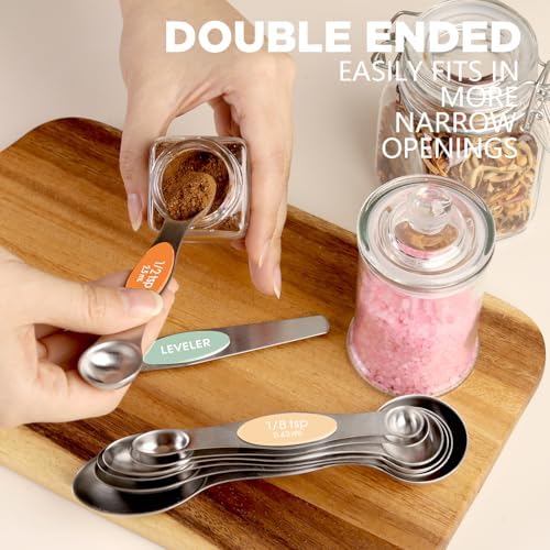 ChefAide Set of 8 Magnetic Measuring Spoons, Stainless Steel, Dual Sided