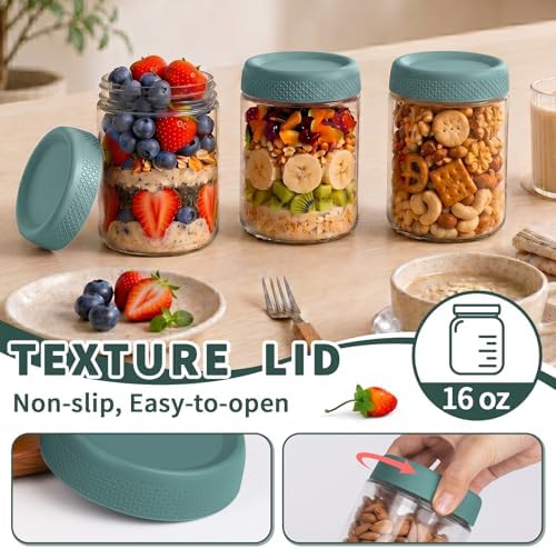 Glass Jar with Lid, Mason Jars 16 oz with Lids, Green Overnight Oats Jars