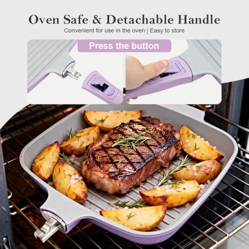 RANX INGST Nonstick Ceramic Griddle Pan with Lid, 10 Inch Steak Pan- Purple