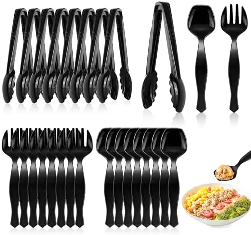 Mwellewm 24Pcs Plastic Serving Utensils for Party Large Serving Spoons for Buffet Disposable Plastic Tongs Set Heavy Duty Slotted Spoons/Forks Supplies for Food Salad Soup Cooking Catering(Black)