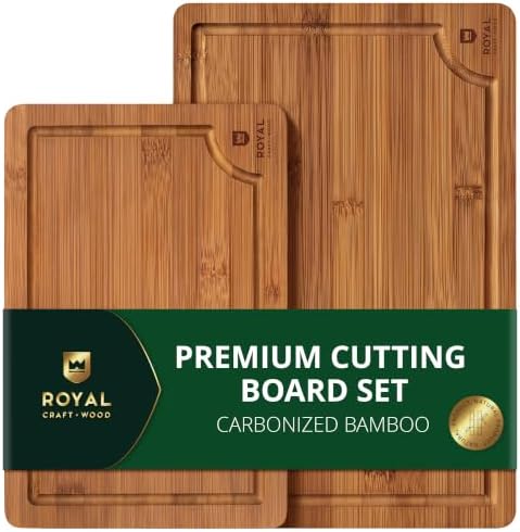 ROYAL CRAFT WOOD Wooden Cutting Boards for Kitchen Meal Prep & Serving - Bamboo Non Toxic Cutting Board Set with Deep Juice Groove Side Handles - Charcuterie & Chopping Butcher Block for Meat (2 Pcs)