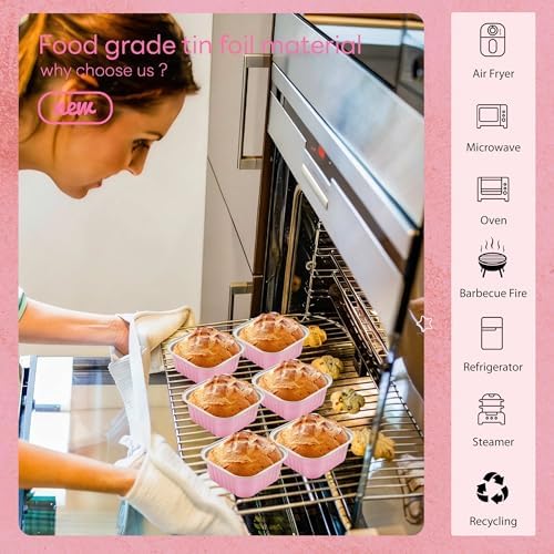 NPLUX Square Cake Pans with Lids, 50 Pack Pink 10oz for Birthday Treats