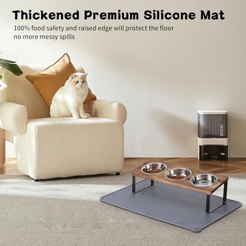 Summark Upgraded Elevated Cat Bowls with Food Mat,15°Tilted Stand Anti Vomiting Raised Cat Dishes for Food and Water,3 Stainless Steel Bowls for Cats and Puppy（Rustic Brown）