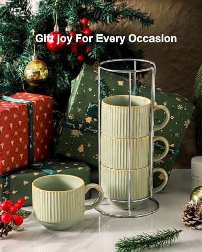 HASENSE Ceramic Coffee Mugs Set of 4 with Rack - 15 oz Stackable Large Porcelain Ribbed Latte Cup Set for Cappuccino, Tea, Hot Cocoa, Drinks - Dishwasher & Microwave Safe, Sage Green