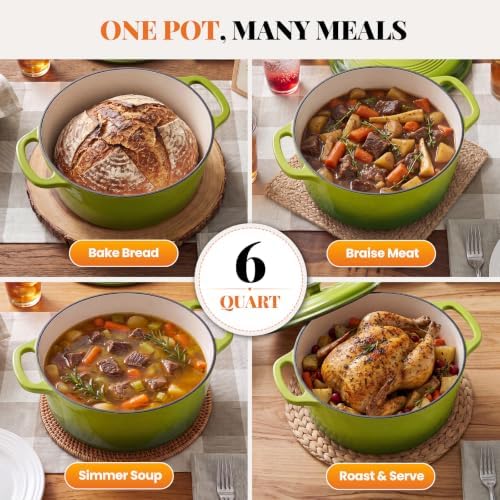 Sweetcrispy 6 Qt Enameled Cast Iron Dutch Oven Pot with Lid, Green