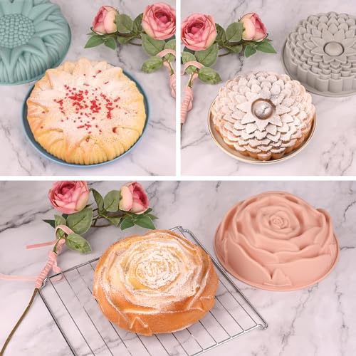 Sakolla 3 Pack Flower Shape Silicone Cake Molds, Large Round Silicone Molds for Baking Cake, Breads, Pies, Tarts (Rose, Chrysanthemum, Sunflower)