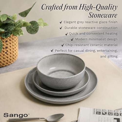 Sango Asher 12-Piece Stoneware Dinnerware Set for 4, Grey Ceramic Plates and Bowls Sets, Modern Dish Set with Reactive Glaze, Durable Kitchen Dishes for Casual Dining, Microwave & Dishwasher Safe