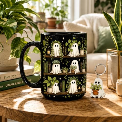 Hyturtle Cute Ghost Plant Mug 15 Oz And Keychain Book Lover Gifts
