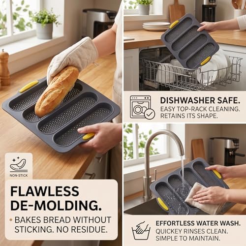 Silicone Bread Loaf Pan, Nonstick Baguette Bread Pan, 4-cavity