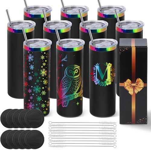 Joyclub 20 oz Tumblers Bulk 10 Pack Rainbow Stainless Steel Skinny Straight