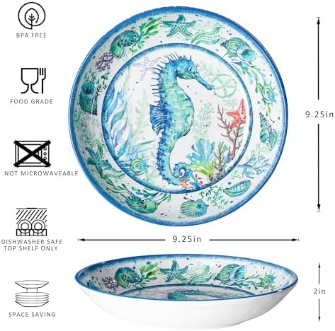 LEHAHA Melamine Pasta Bowls, Set of 6 9.25 inches 42 OZ Large Salad Serving Bowls, Coastal Melamine Dinner Deep Plates, Lightweight Soup/Cereal/Noodle Bowls set, Dishwasher Safe,Oceanic Design…
