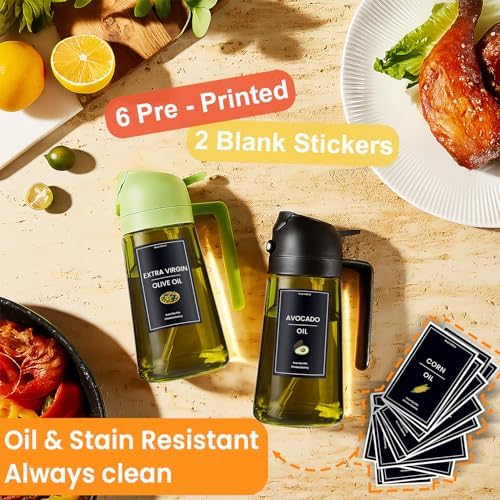 CXINYI - 16oz/470ml Olive Oil Dispenser for Kitchen with Stickers - 2 in 1 Olive Oil Sprayer for Cooking, Air Fryer, and Salad, Black&Purple (Light-Proof Kitchen Gadget)