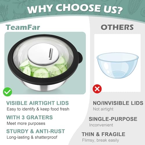 TeamFar Mixing Bowls, 3PCS Stainless Steel Serving Salad Bowls