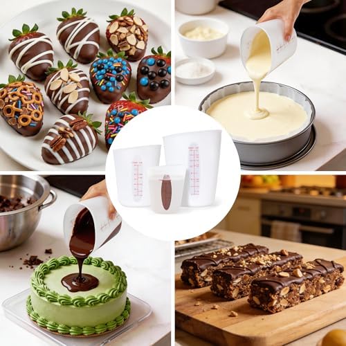 Food-Grade Silicone Cups for Melting Chocolate, 3Pcs BPA Free Silicone Measuring Cups with 1/2Cup/1Cup/2Cup Capacity, Reusable Baking Supplies for DIY Chocolate Molds