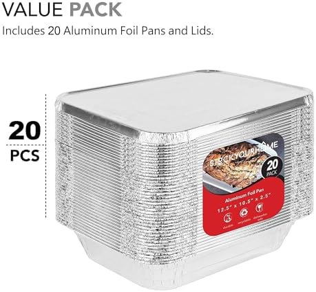 Stock Your Home Foil Pans with Lids - 9x13 Aluminum Pans with Covers - 20 Foil Pans and 20 Foil Lids - Disposable Food Containers Great for Baking, Cooking, Heating, Storing, Prepping Food Silver